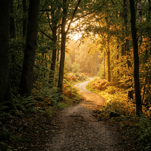Winding forest trail illuminated by golden autumn sunlight